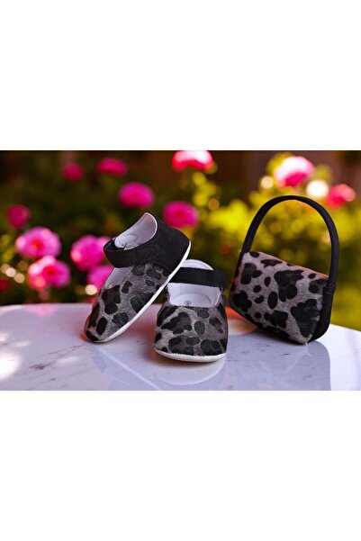 BEBLUXBABY Leopar Desenli Babet Bebek Ayakkabı Çanta Seti