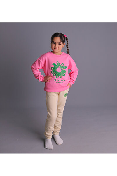 Eflee Kids Kız Çocuk Çiçek Baskılı Sweatshirt ve Eşofman Altı Takım – Rahat ve Günlük Kullanım