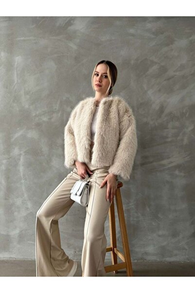 MODA Stone Color Faux Fur Coat