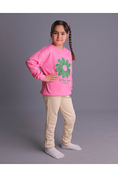 Eflee Kids Kız Çocuk Çiçek Baskılı Sweatshirt ve Eşofman Altı Takım – Rahat ve Günlük Kullanım