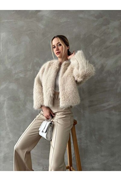 MODA Stone Color Faux Fur Coat
