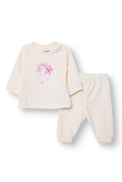 ebebek Hello Baby HelloBaby Kız Bebek Kadife Pijama Takımı Kadife Bisiklet Yaka Ribanalı Paça