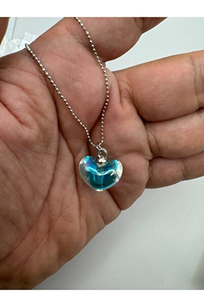 Herşey Nota Blue Crystal Heart Figured Women's Necklace – Sparkling and Elega...