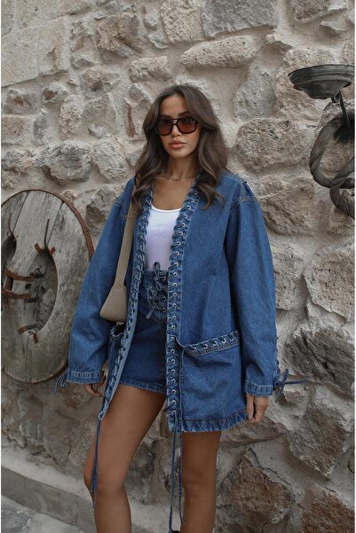 Havoş Blue Eyelet Detailed Jacket Skirt Denim Set