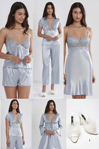 Mavelle 6-Piece Bridal Dowry Set Satin Nightgown Dressing Gown Pajama Set Shorts Set with Slippers as a Gift