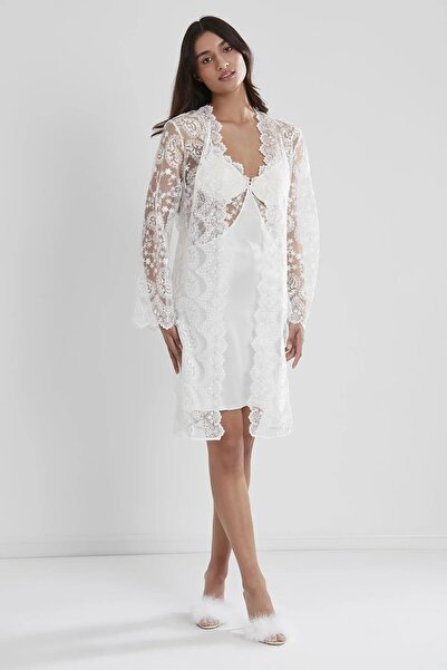 Mavelle Satin Lace Detailed 6-Piece Bridal Dowry Set Nightgown&Robe&Pajama Set&Shorts Set Slippers Gift