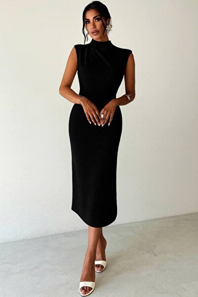 By BAYANA Omzu Pileli Balıkçı Yaka Yırtmaçlı Midi Boy Abiye Elbise Davet Kutlama Düğün Söz Nişan Kokteyl