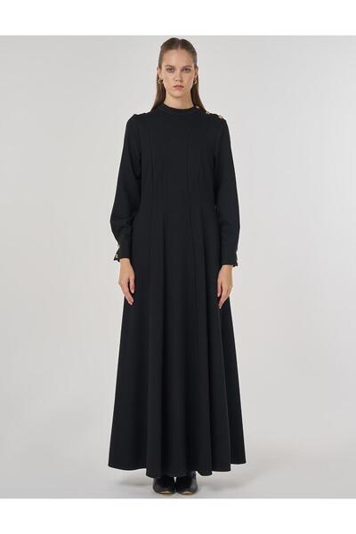 Kayra Parlak Düğmeli Rayon Elbise Siyah