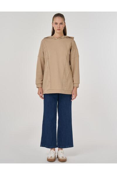 Kayra Dikiş Detaylı Üç İplik Sweatshirt Bej
