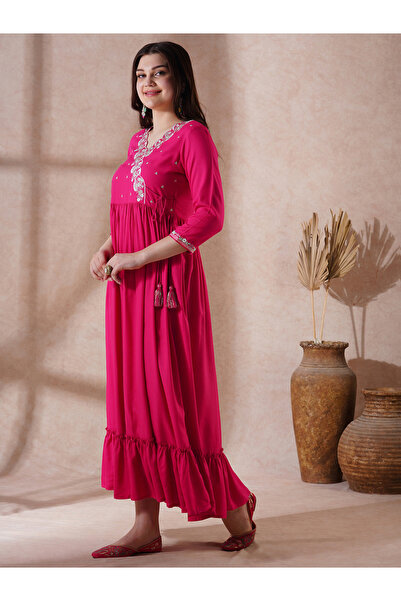 Globus By Styli Pink Embroidered Scalloped Festive Maxi Dress