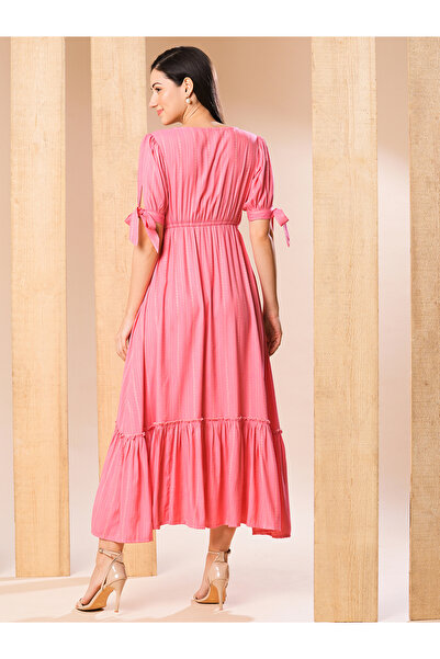 Globus By Styli Pink Self Design Tie-Sleeve Midi Dress