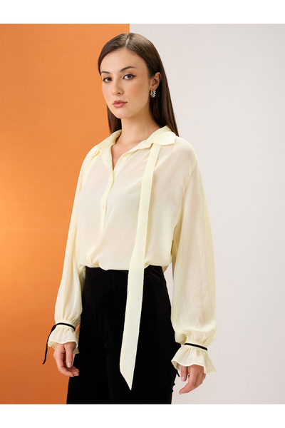 Globus By Styli Yellow Collared Neck Tie Chiffon Shirt