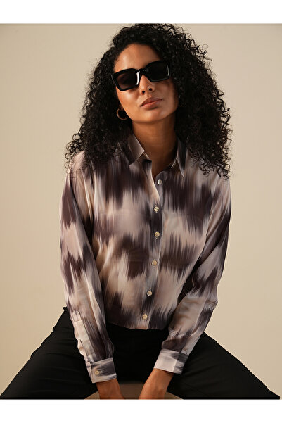 Globus By Styli قميص عمل جورجيت أسود مطبوع بفرشاة