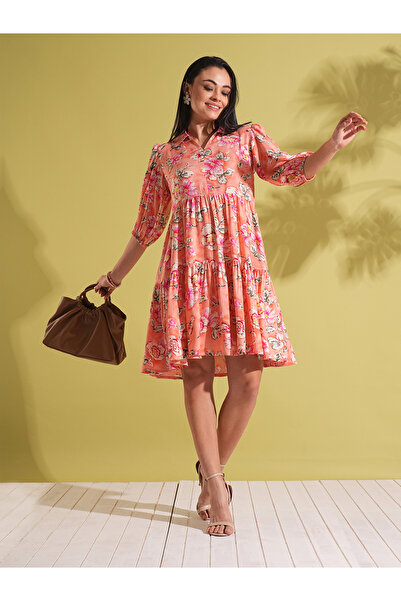 Globus By Styli Coral Floral Print Fusion Knee Length Dress