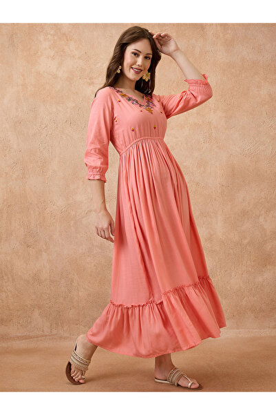 Globus By Styli Peach Embroidered Yoke Fusion Maxi Dress