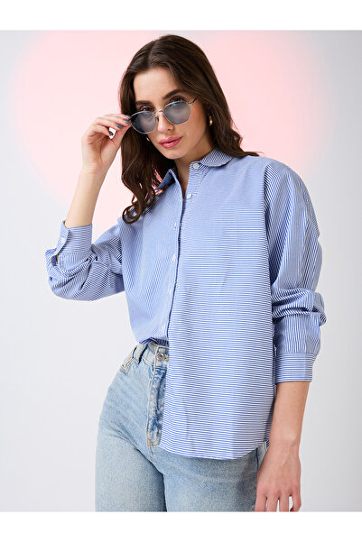 Globus By Styli قميص عمل مخطط أزرق كبير الحجم