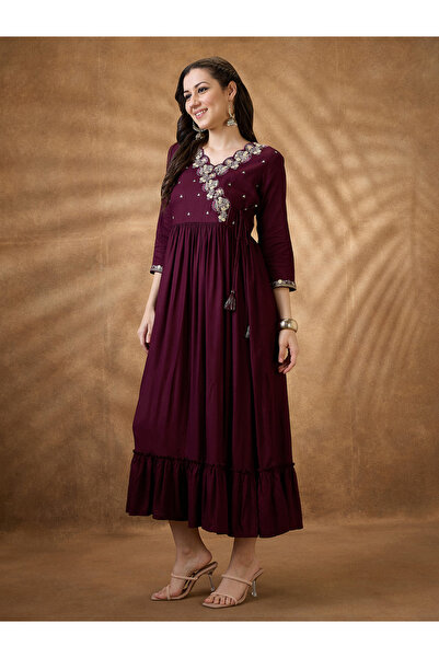 Globus By Styli Purple Embroidered V Neck Midi Festive Dress