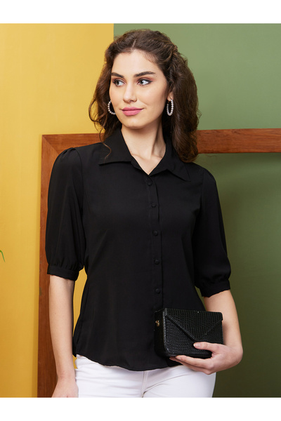Globus By Styli Black Puff Sleeve Opaque Workwear Shirt