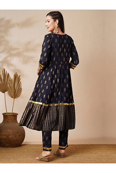 Globus By Styli Women Navy Floral Printed Anarkali Kurta with Pants Set