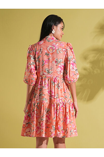 Globus By Styli Coral Floral Print Fusion Knee Length Dress