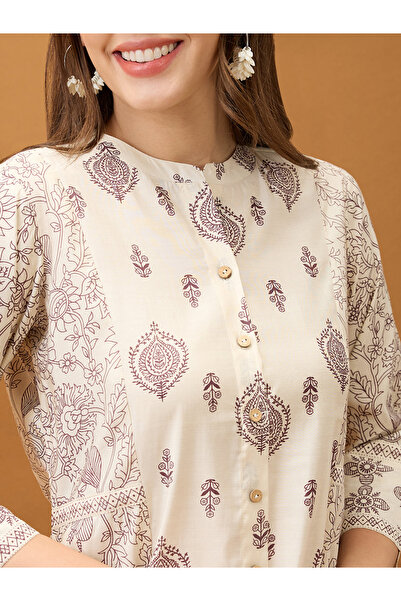 Globus By Styli Beige Ethnic Print A-Line Kurta and Straight Pants Set