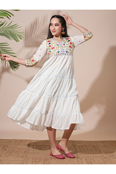 Globus By Styli White Embroidered Yoke Festive Midi Dress