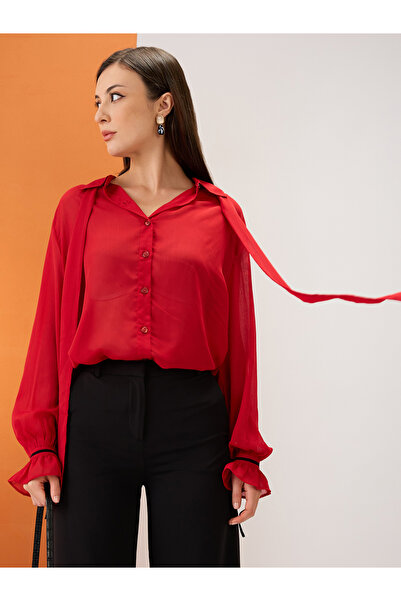 Globus By Styli Red Collared Neck Tie Chiffon Shirt
