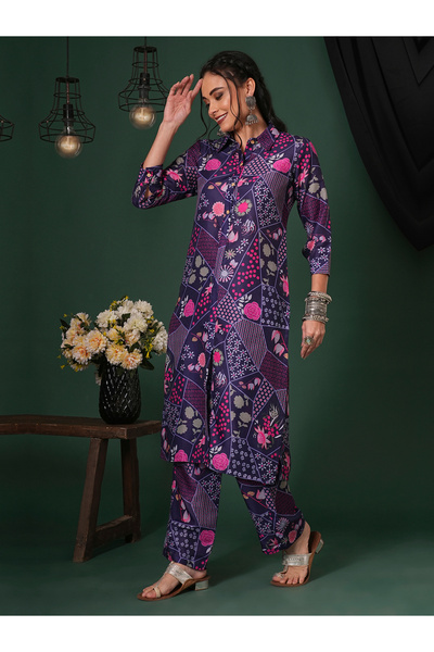 Globus By Styli Women Purple Shirt Collar Straight Kurta and Pants Set