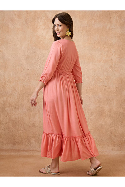 Globus By Styli Peach Embroidered Yoke Fusion Maxi Dress