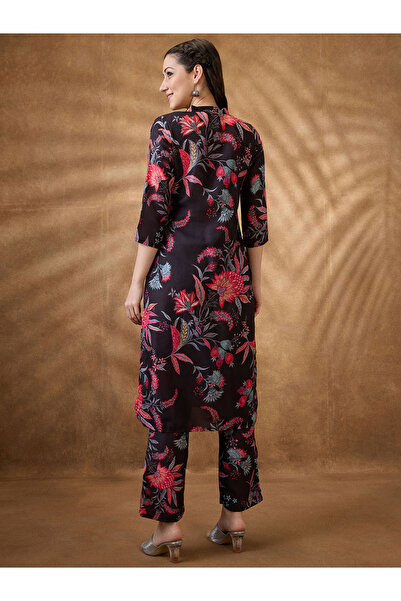 Globus By Styli Women Black Mandarin Collar Floral Print Kurta with Pants Set