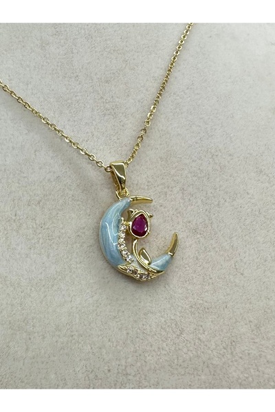 tassa aksesuar Mavi hilal kedi model gold çelik kolye