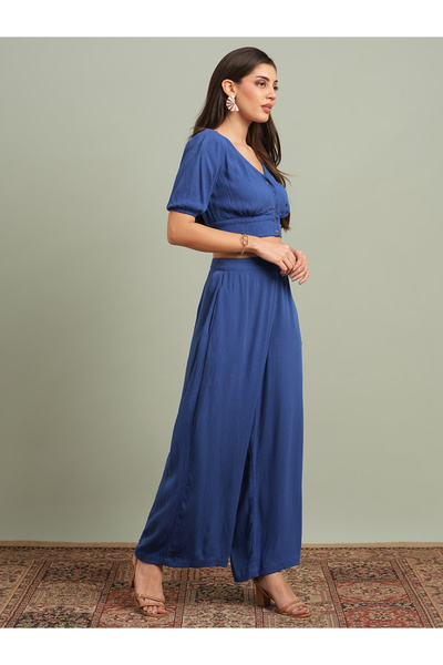 Globus By Styli Blue Button Detail Crop Top and Wide Leg Trousers Co-Ords