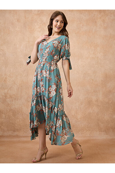 Globus By Styli Blue Floral Print Fusion Midi Dress
