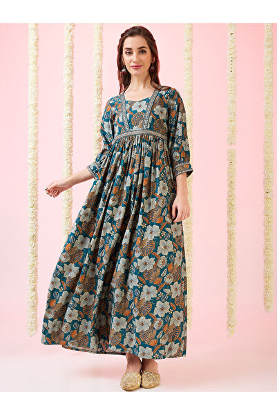 Globus By Styli Green Foil Floral Print Fusion Maxi Dress