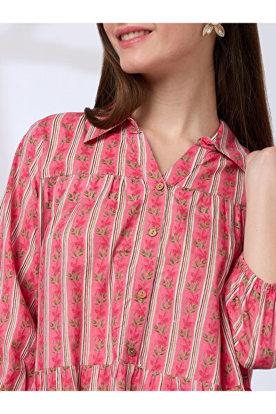 Globus By Styli Pink Shirt Collar Printed Workwear Knee Length Dress