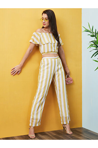 Globus By Styli Yellow Striped Off Shoulder Top and Pants Co-Ords