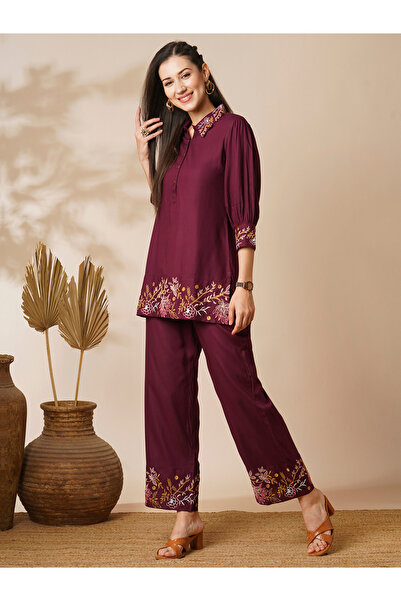 Globus By Styli Burgundy Embroidered Shirt and Pants Fusion Co-Ords