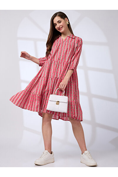 Globus By Styli Pink Shirt Collar Printed Workwear Knee Length Dress