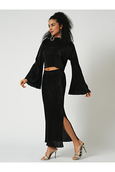 Globus By Styli Black Accordion Pleats Crop Top and Skirt Co-Ords