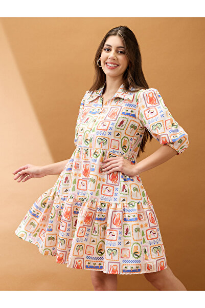 Globus By Styli Cream All Over Print Shirt Knee Length Dress