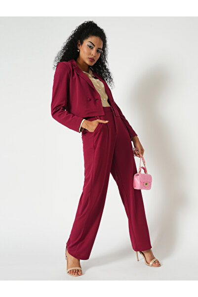 Globus By Styli Maroon Stretchable Crop Blazer and Trousers Workwear Co-Ords