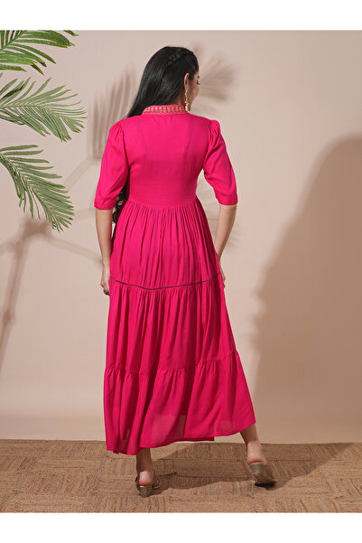 Globus By Styli Pink Embroidered V Neck Tiered Midi Festive Dress