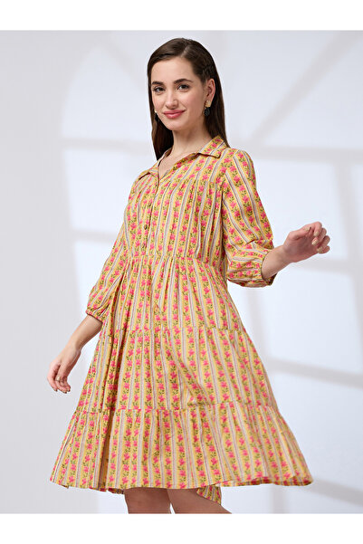 Globus By Styli Yellow Shirt Collar Printed Workwear Knee Length Dress