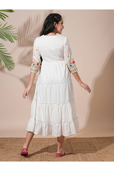 Globus By Styli White Embroidered Yoke Festive Midi Dress