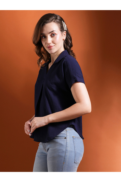 Globus By Styli Navy Blue Open Collar Workwear Shirt