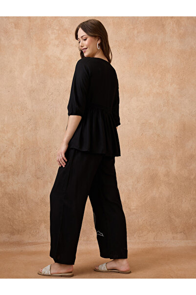 Globus By Styli Black Lace Insert Peplum Top and Trousers Workwear Co-Ords