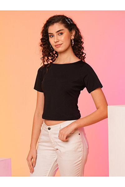 Globus By Styli Black Bow Detail Styled Back Crop Top