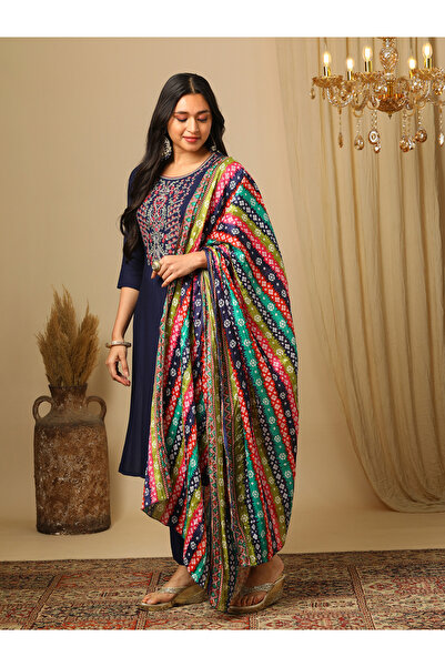 Globus By Styli Navy Embroidered Yoke Kurta, Pants and Bandhani Print Dupatta Set