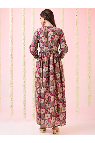 Globus By Styli Maroon Foil Floral Print Gathered Fusion Maxi Dress