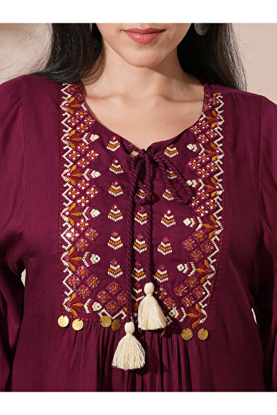 Globus By Styli Burgundy Embroidered Yoke Workwear Mini Dress